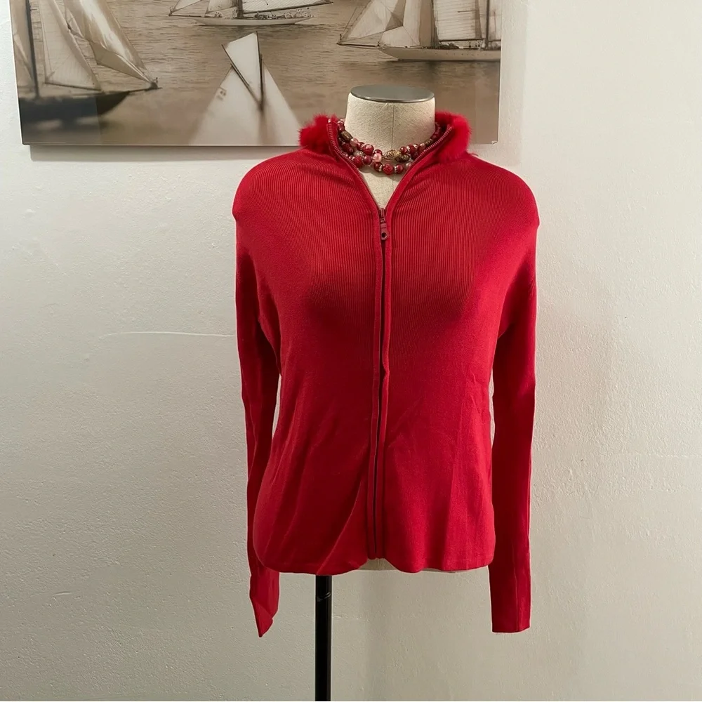 Luxurious SILK Blend Zip Up Cardigan with Plush Fur Collar - Quiet Luxe Small - Picture 1 of 11